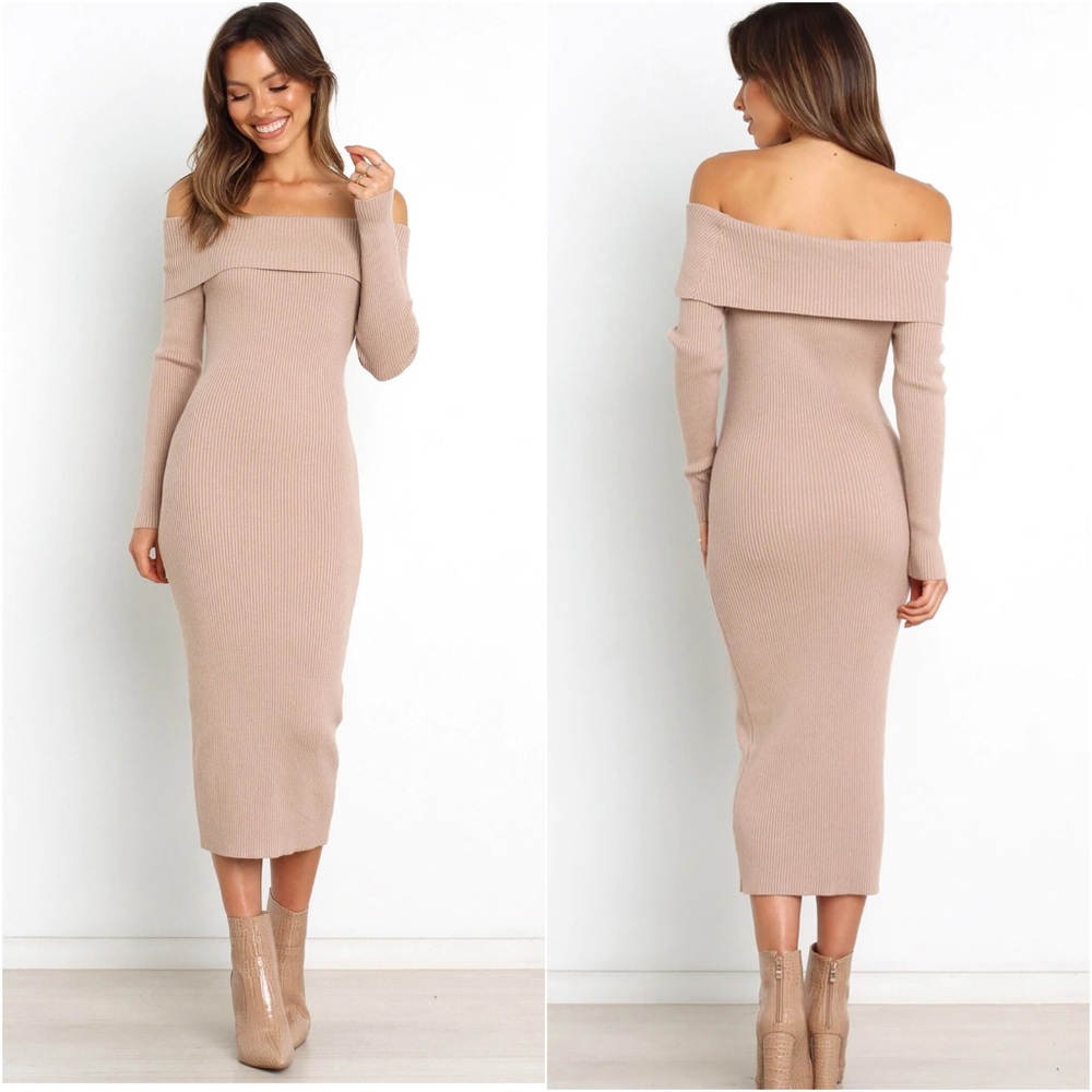 Petal & Pup Oldo Off the Shoulder Long Sleeve Knit Sweater Dress Beige S/M